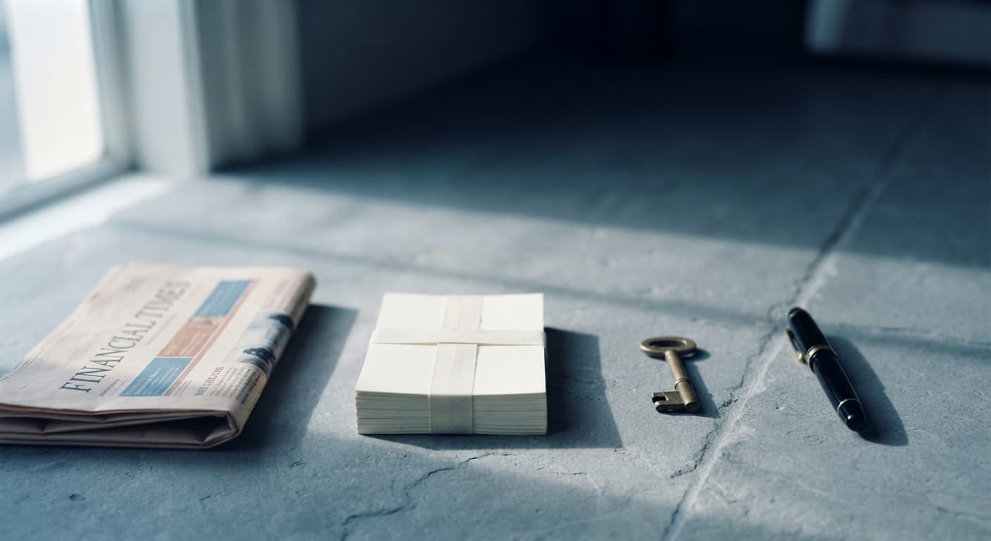 A folded Financial Times, a banded stack of notes, a brass key and a fountain pen, set out in a row on a pale floor.