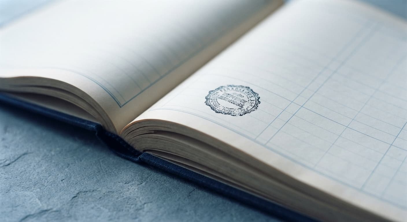 An open ledger, both pages ruled and unwritten, a single stamp on the right-hand leaf.