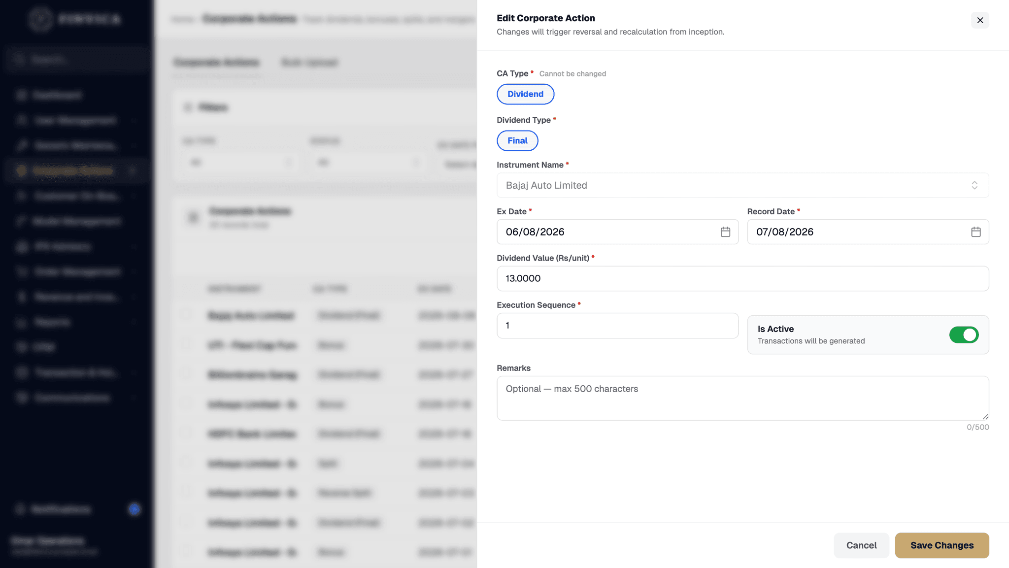 Editing a corporate action over the corporate-actions list: a final dividend on Bajaj Auto with its ex date, record date, value per unit and execution sequence, an active toggle noting that transactions will be generated, and a warning that changing it triggers reversal and recalculation from inception.