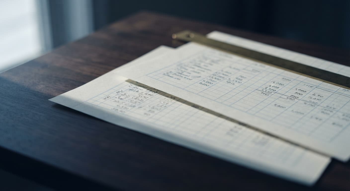 Two columnar accounting sheets overlaid on a dark desk, a brass straightedge laid across the figures.