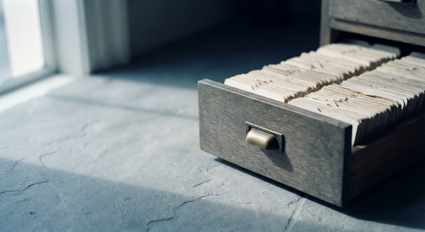 An open card-index drawer, tabbed records standing upright in daylight.